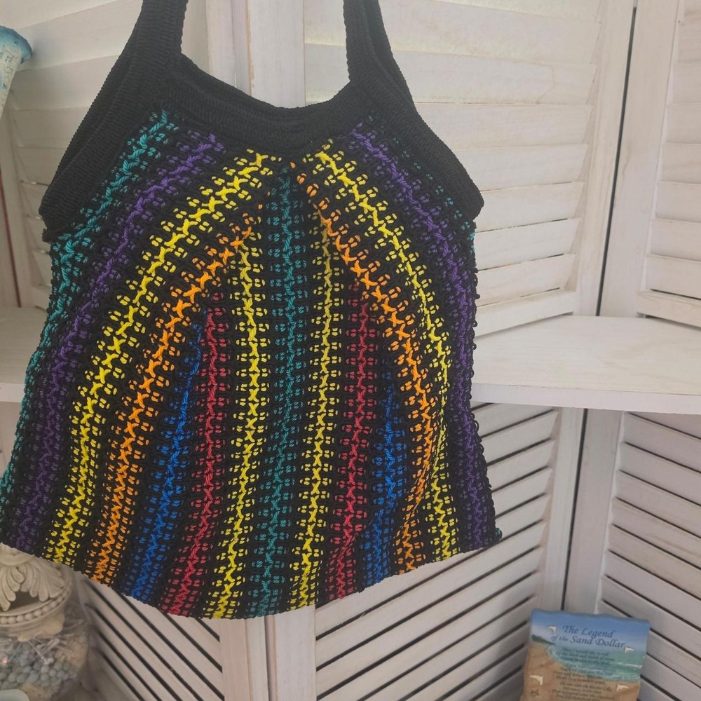 Handmade Rainbow Crochet Tote Bag Large Black Multi Festival Boho Shoulder Bag